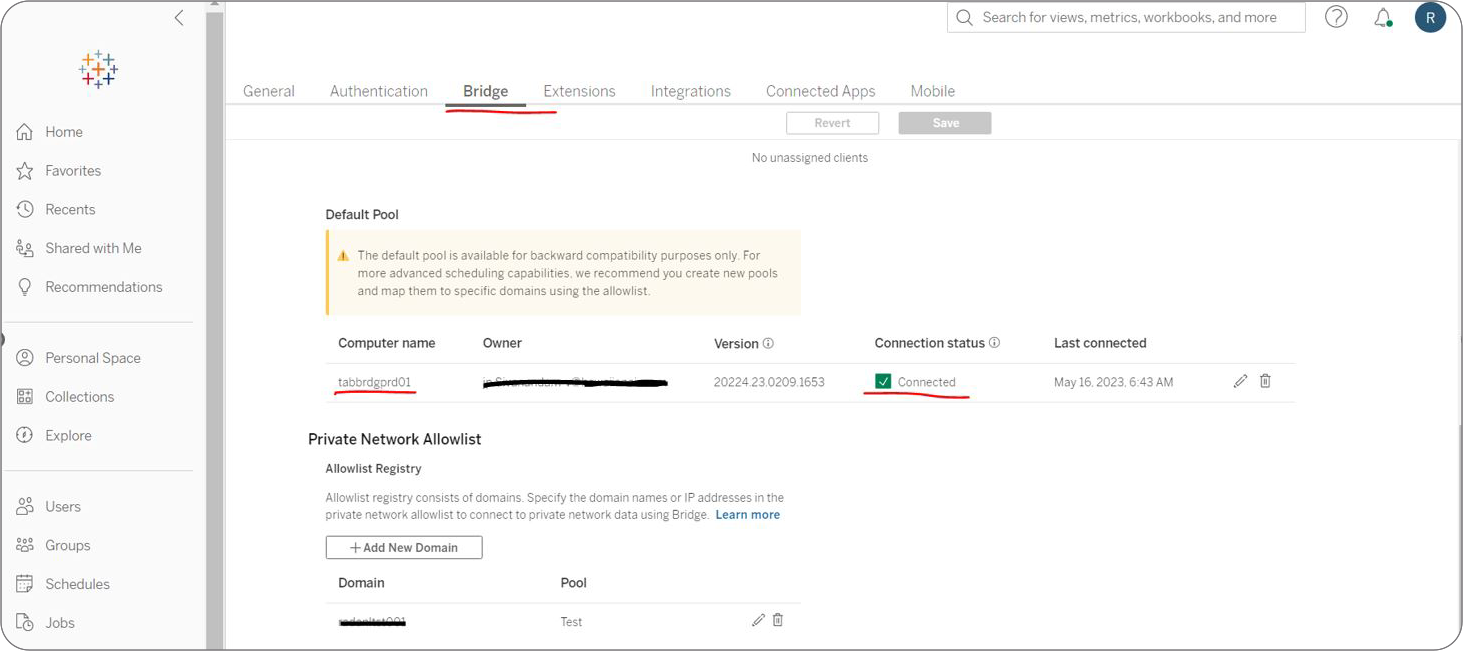 Bridge and verify the clients name in the default pool