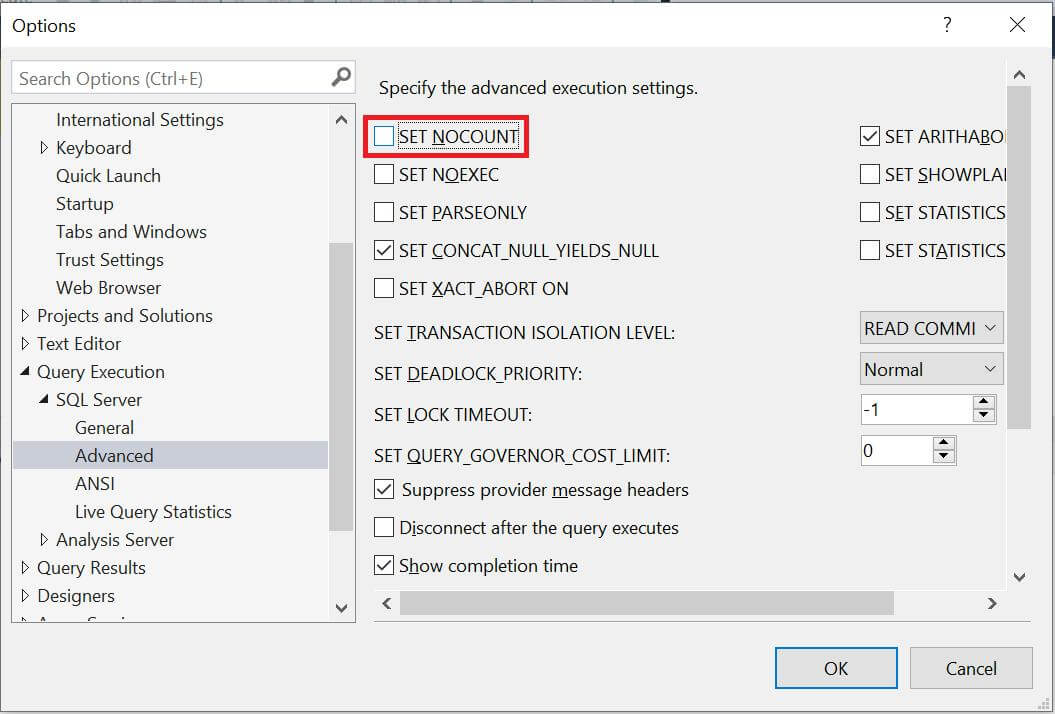 How to set NO Count in SQL server