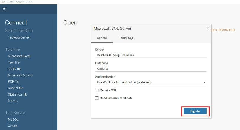 Load SQL server database into tableau desktop