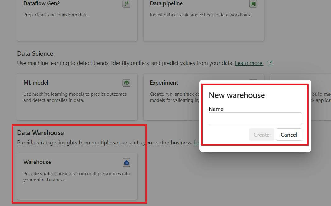 Creating a warehouse in power BI 