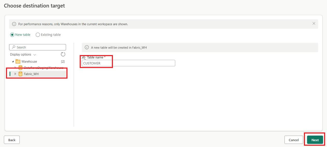 Pointing the destination tables in power BI