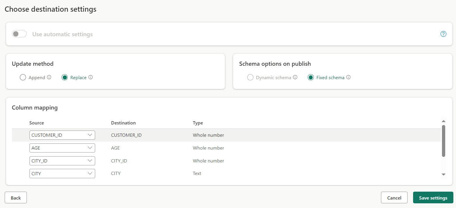 Create a destination setting in power bi