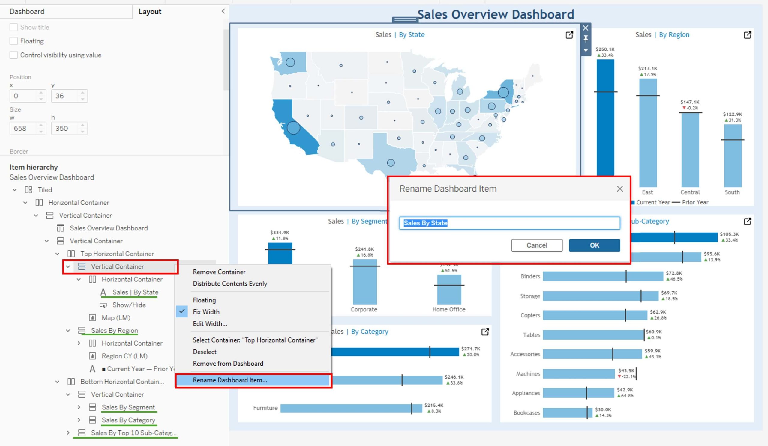 How to rename a container in Tableau