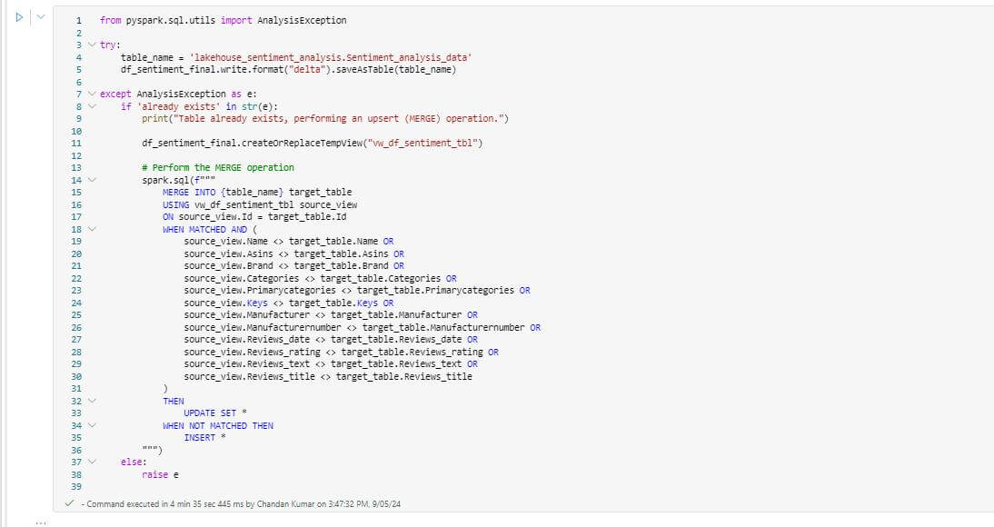 Step-Four-Performing Sentiment Analysis with Synapse Data Science