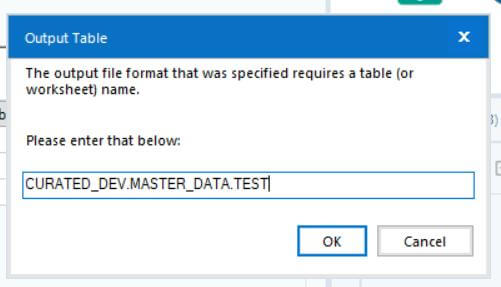 Provide the output table information on the next pop-up window