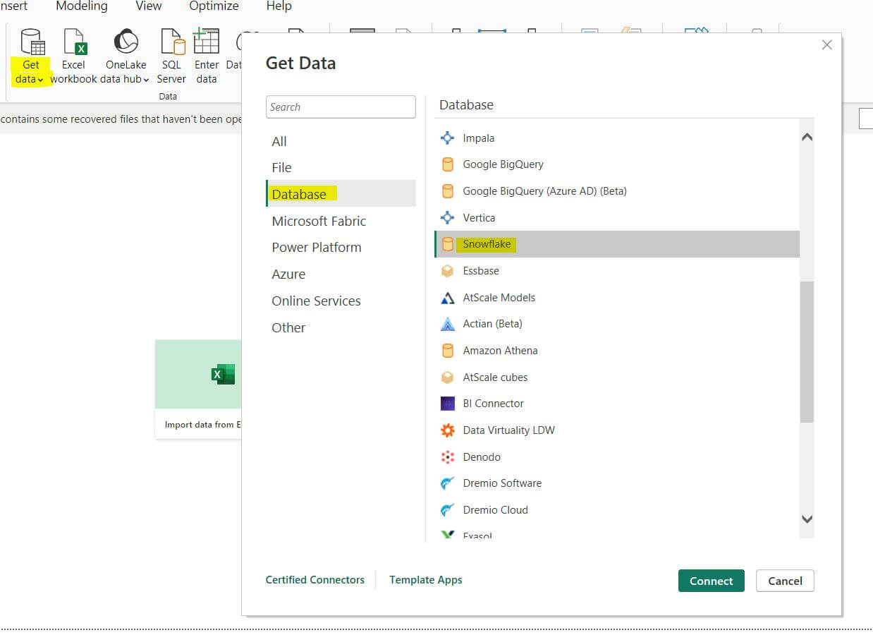 Select Snowflake and click Connect