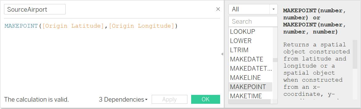 Create Calculated Fields of location points for both the Origin Airport and Destination Airport