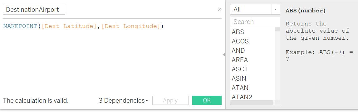 Create Calculated Fields of location points for both the Origin Airport and Destination Airport- Two